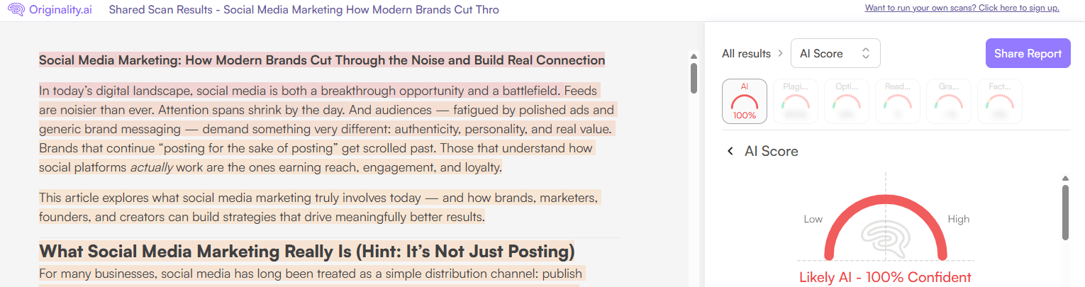 Originality.ai Scan of an AI article