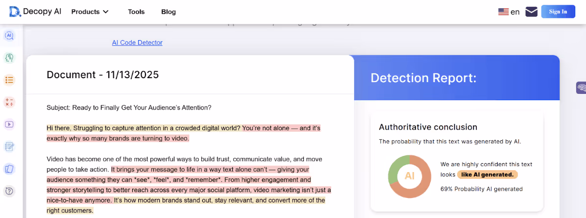 Decopy AI scan of an AI email