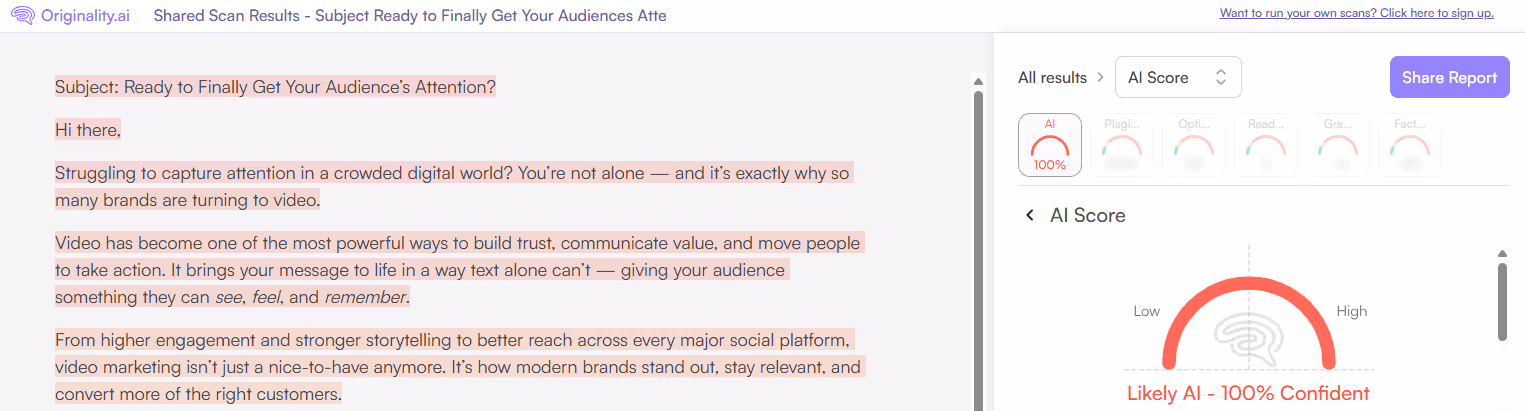 Originality.ai Scan of ChatGPT-5.1 Generated Email Copy