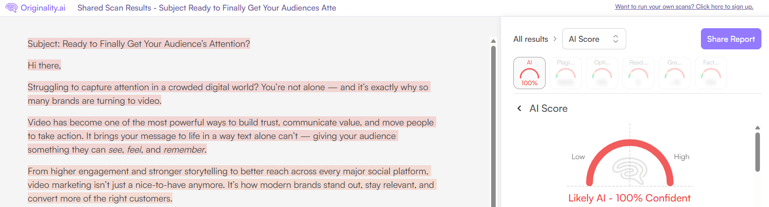 Originality.ai Scan of ChatGPT-5.1 Generated Email Copy