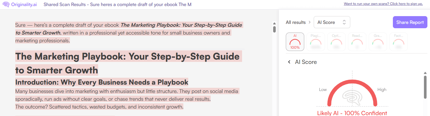 Originality.ai scan of a GPT-5 generated e-book