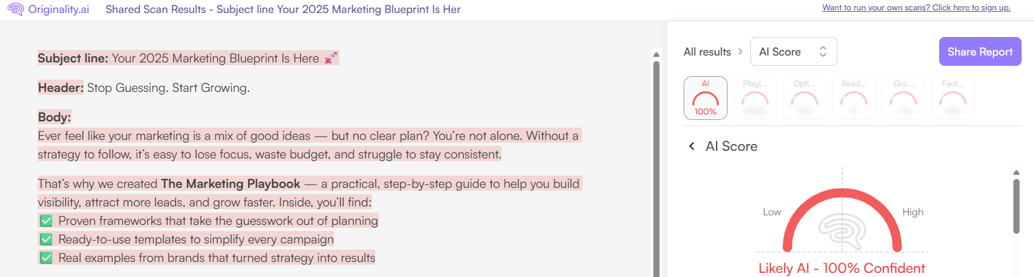 Originality.ai Scan of a GPT-5 generated email