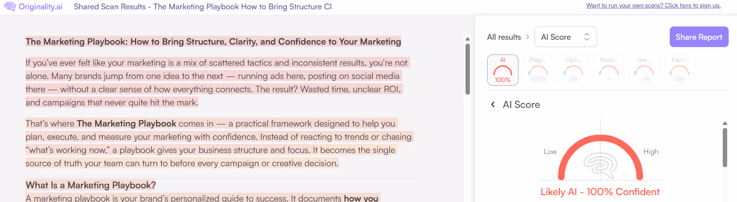 Originality.ai Scan of ChatGPT-generated Blog Post