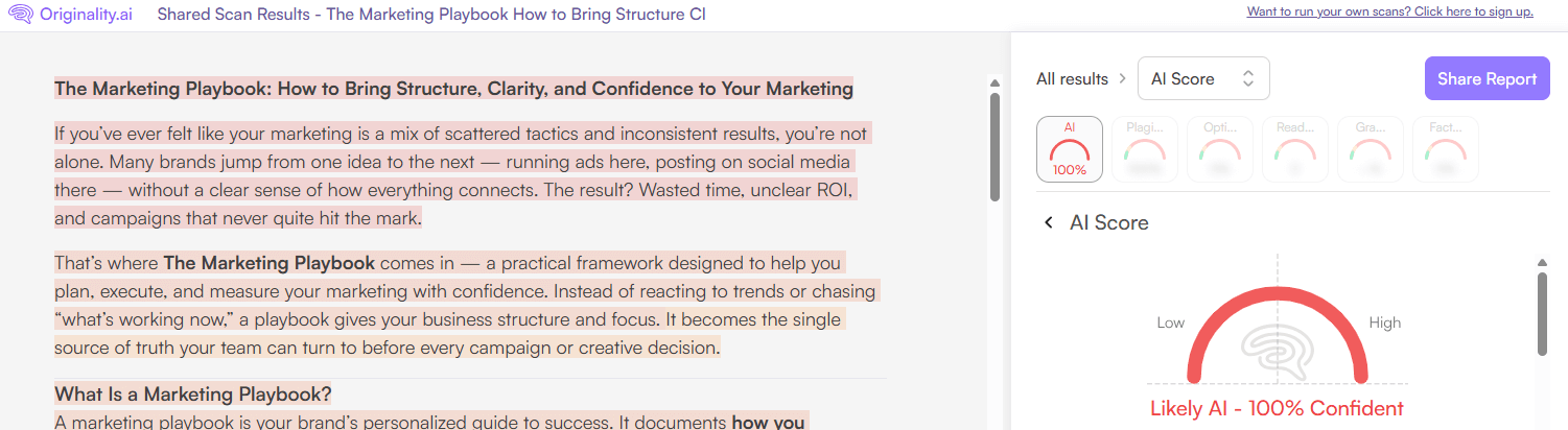 Originality.ai Scan of ChatGPT-generated Blog Post