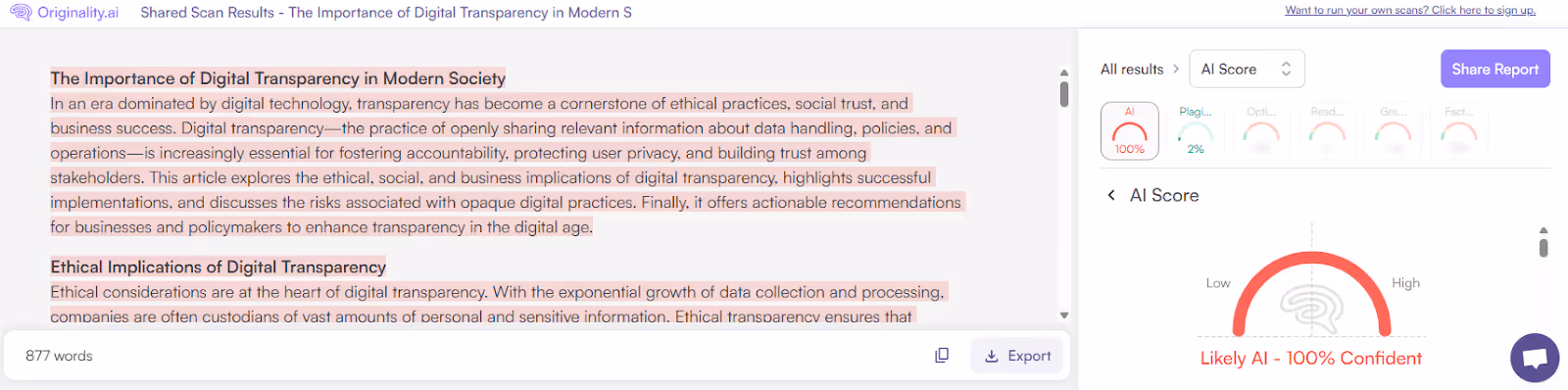 Originality.ai Scan of AI-generated text