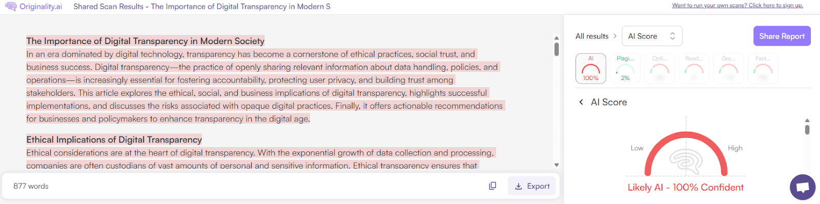 Originality.ai Scan of AI-generated text