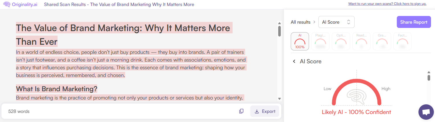 Originality.ai Scan of AI-generated Content