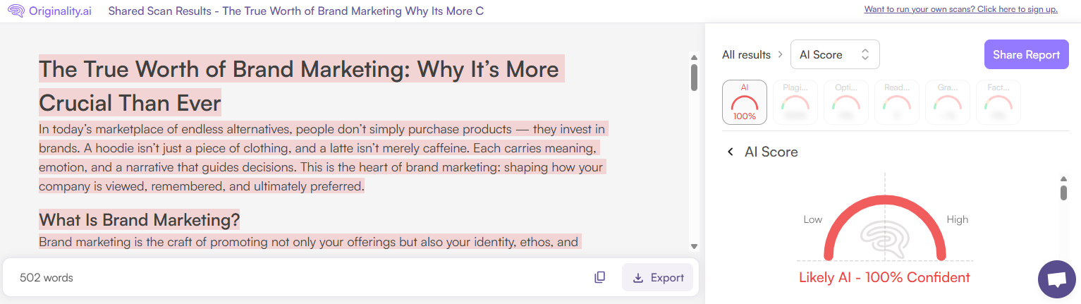 Originality.ai Scan of Humanized Text