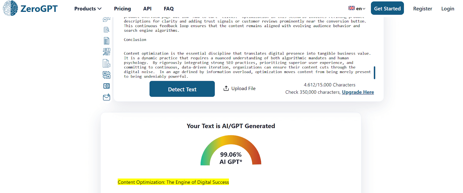 ZeroGPT scan of Essayness AI-generated Essays