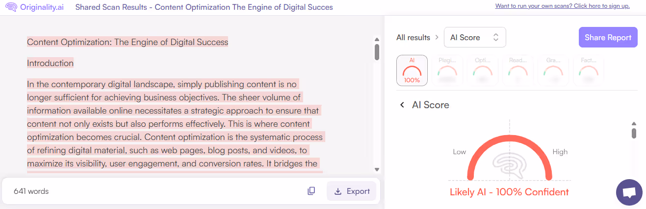 Originality.ai Scan of Essayness AI-generated content