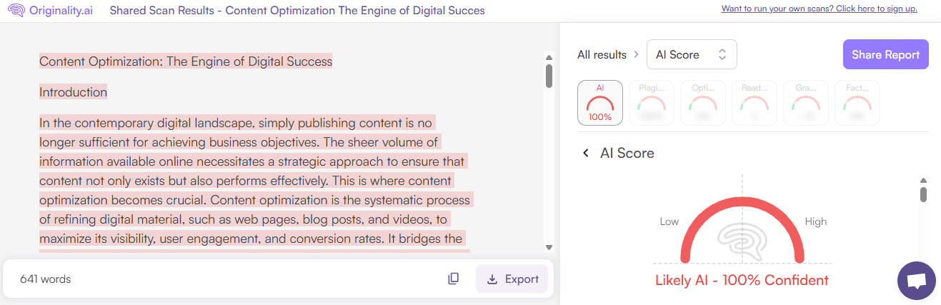 Originality.ai Scan of Essayness AI-generated content