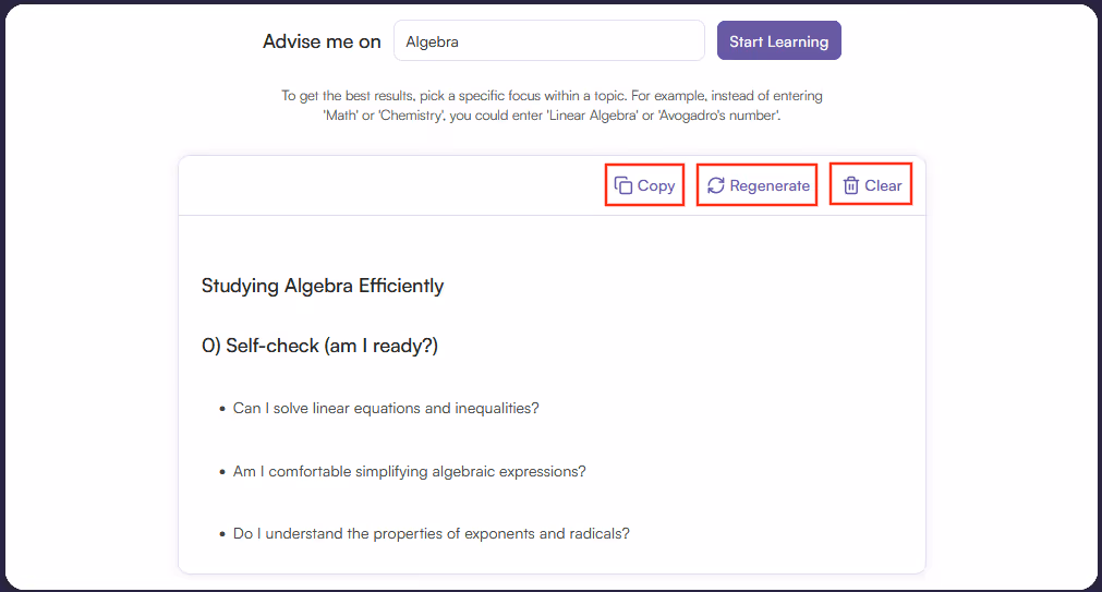 Copy, Clear, or Regenerate