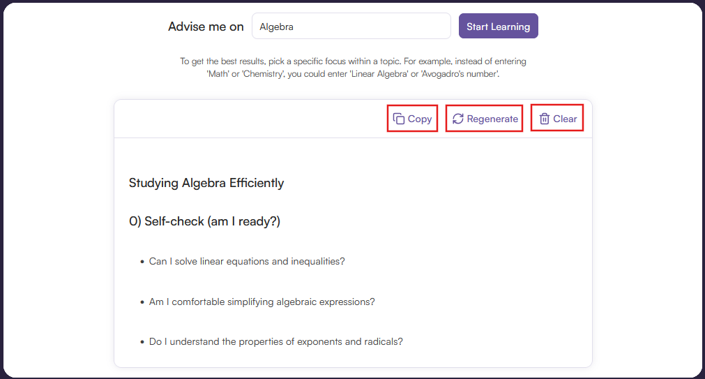 Copy, Clear, or Regenerate