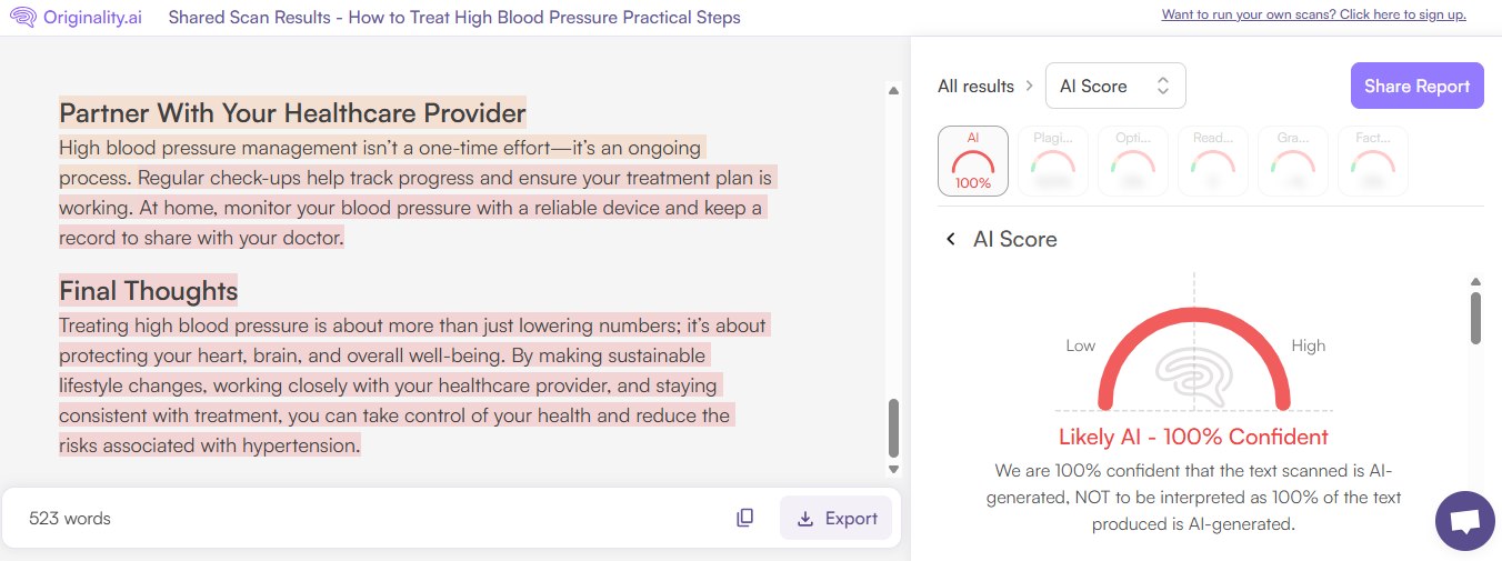 Originality.ai Scan of AI Text
