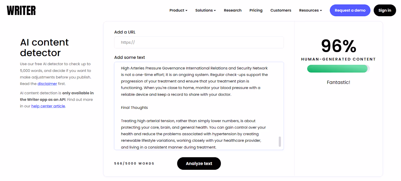 Humanized text scan by the Writer AI Detector