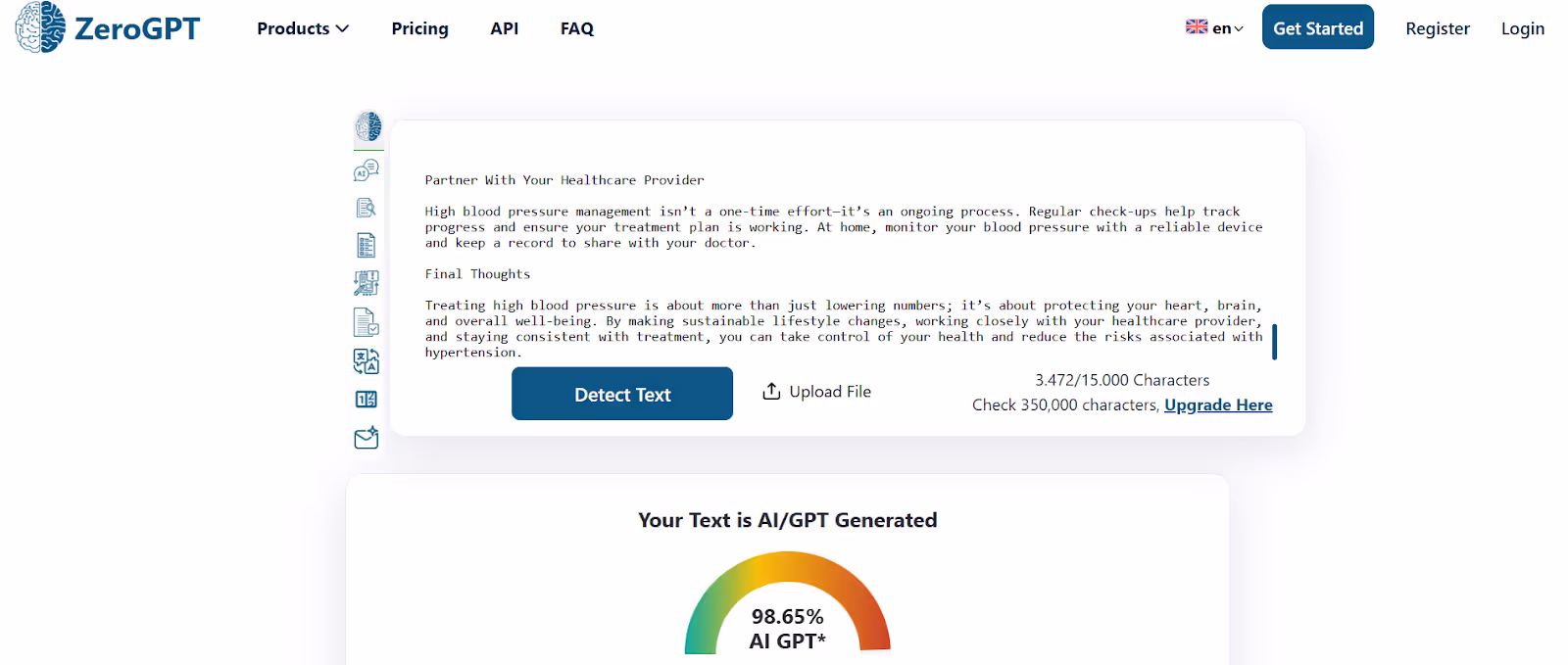ZeroGPT scan of AI text