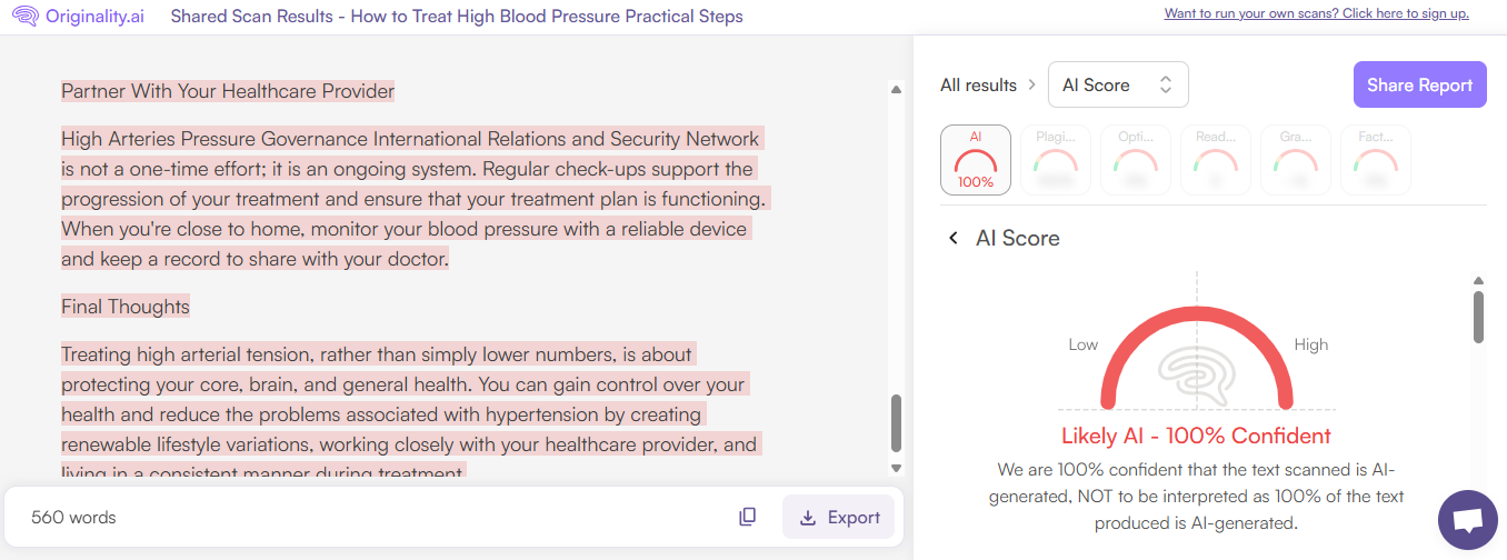 Originality.ai scan of MyPerfectWords text
