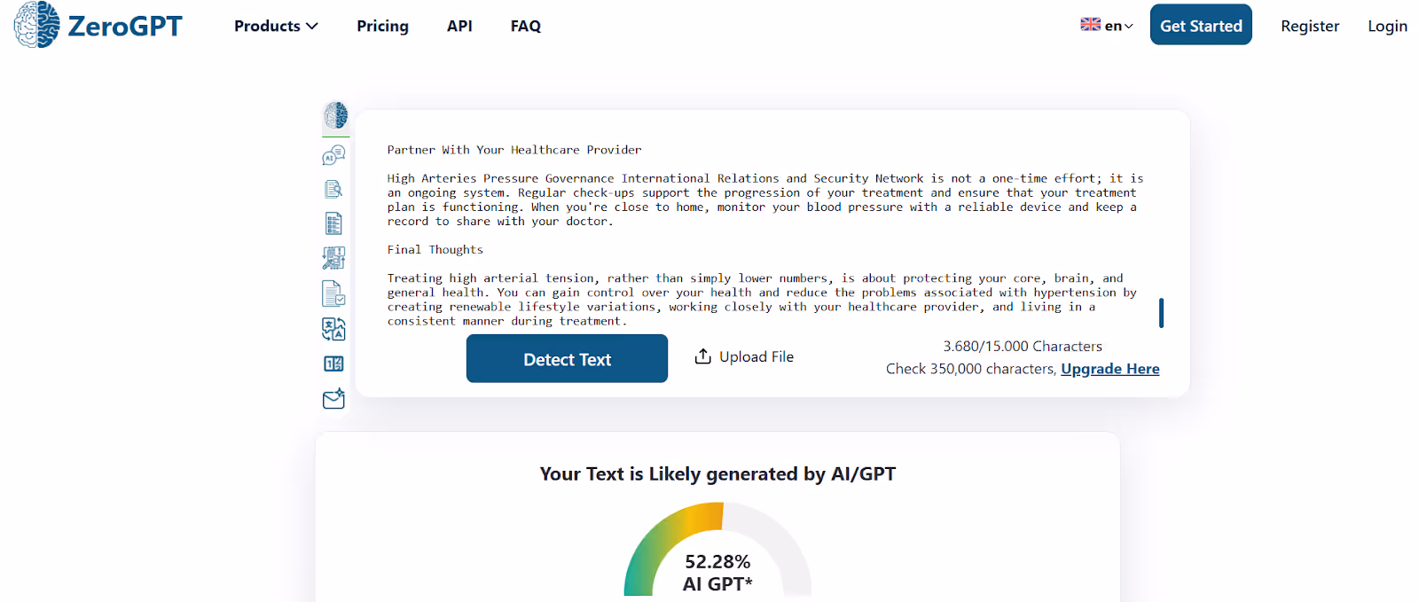 ZeroGPT scan of humanized Text