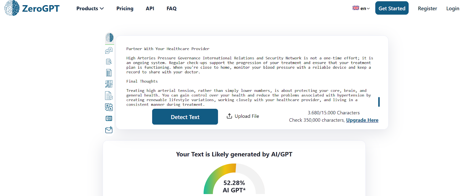 ZeroGPT scan of humanized Text