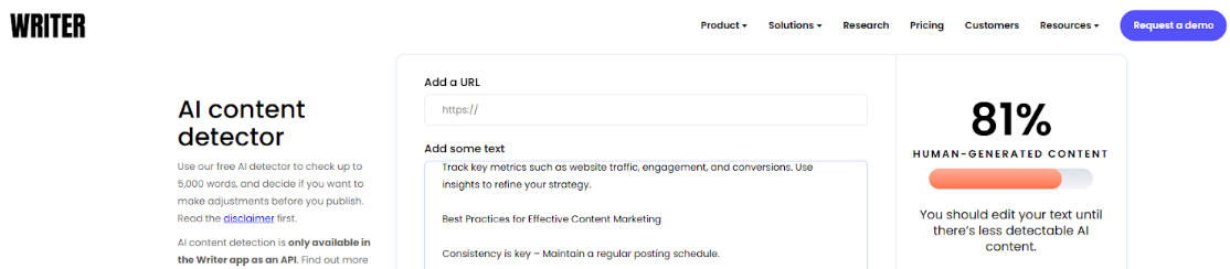 Writer AI Detector Scan of ChatGPT text
