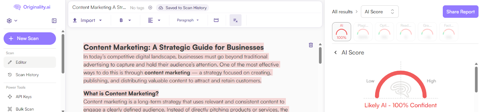 Originality.ai Scan of ChatGPT Text (The Ghost AI Review)