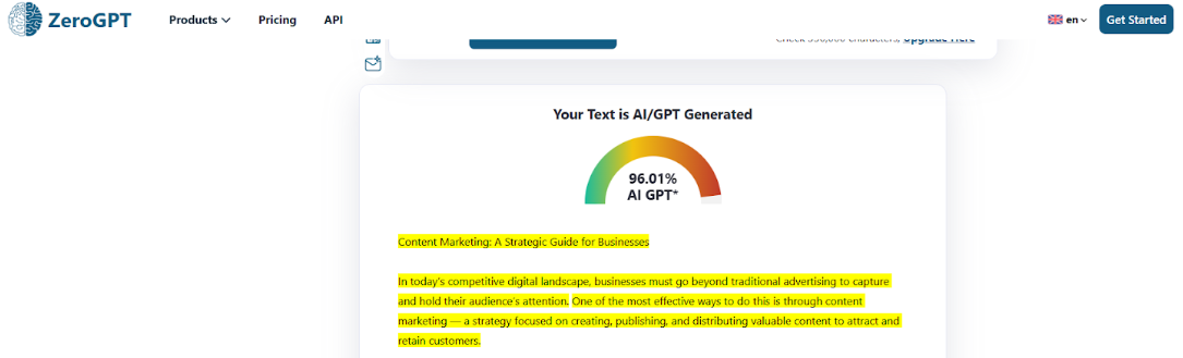 ZeroGPT scan of ChatGPT Text