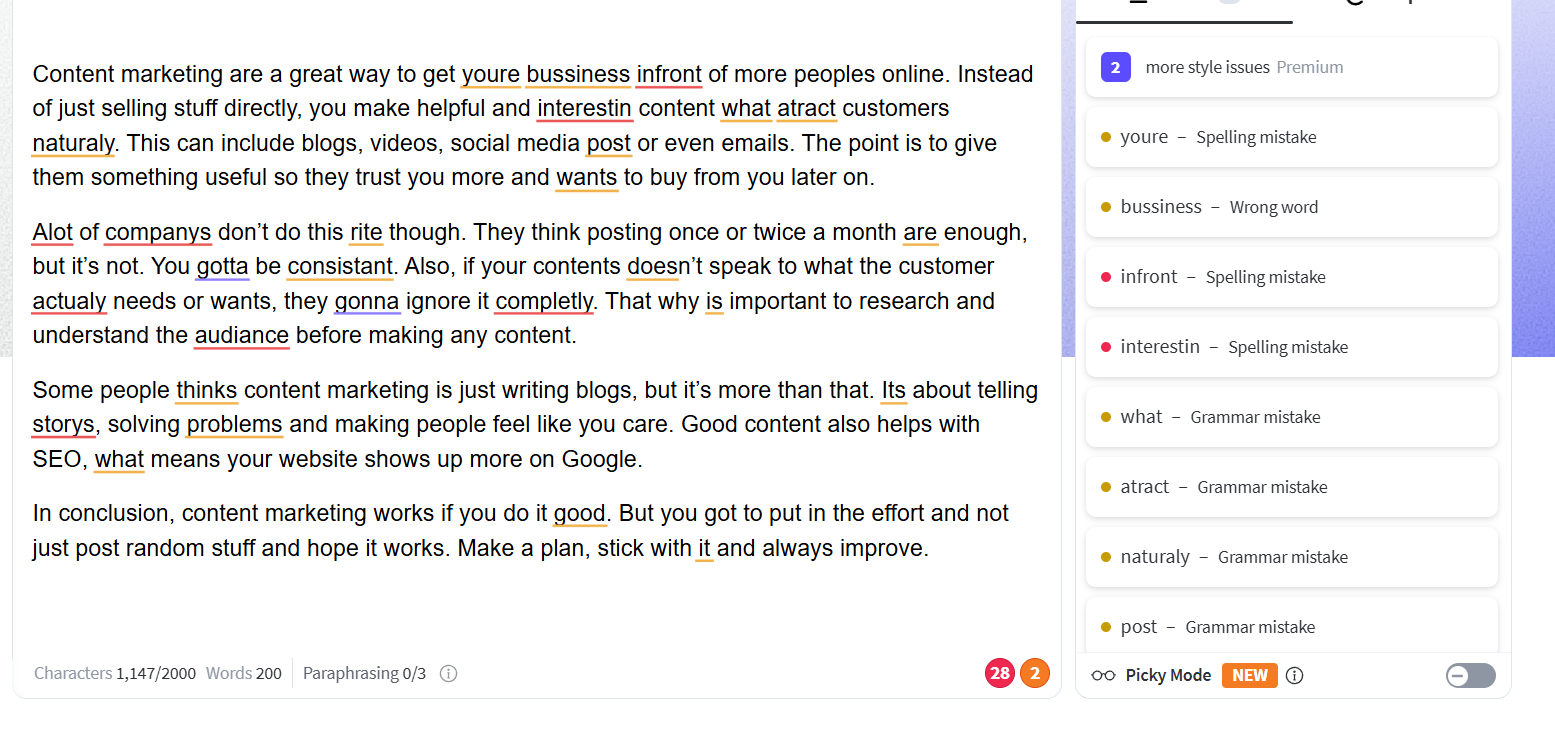 LanguageTool’s grammar recommendations for the basic grammar error test