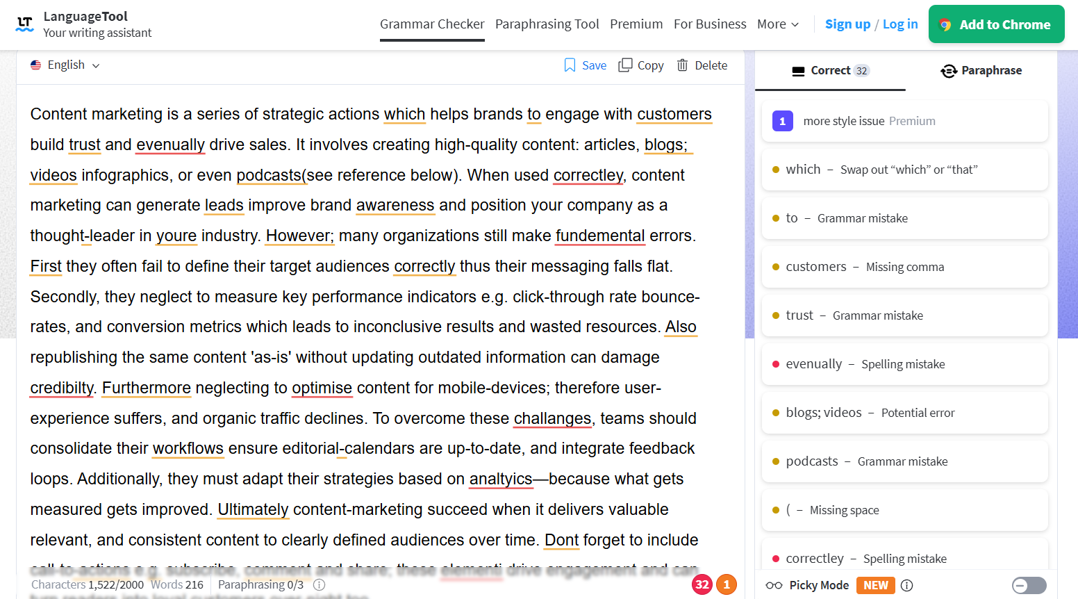 LanguageTool’s grammar recommendations for the advanced grammar error test