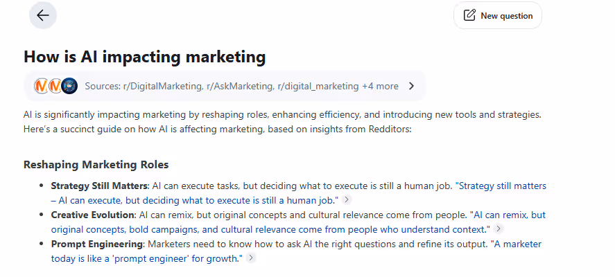 Reddit Answers example query