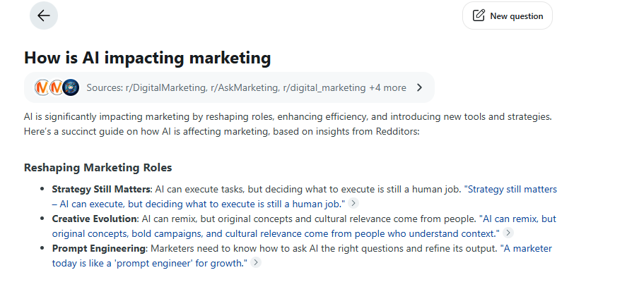 Reddit Answers example query