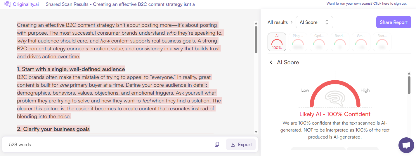 Originality.ai detects ChatGPT Text as 100% Likely AI