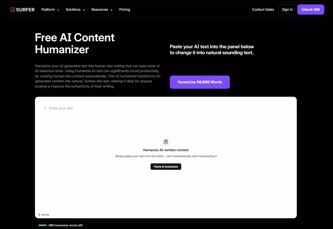 Surfer AI Content Humanizer Page