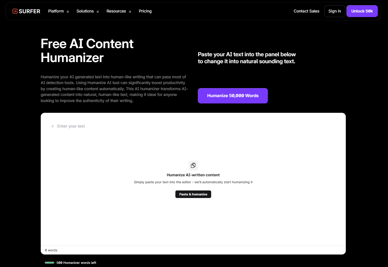 Surfer AI Content Humanizer Page