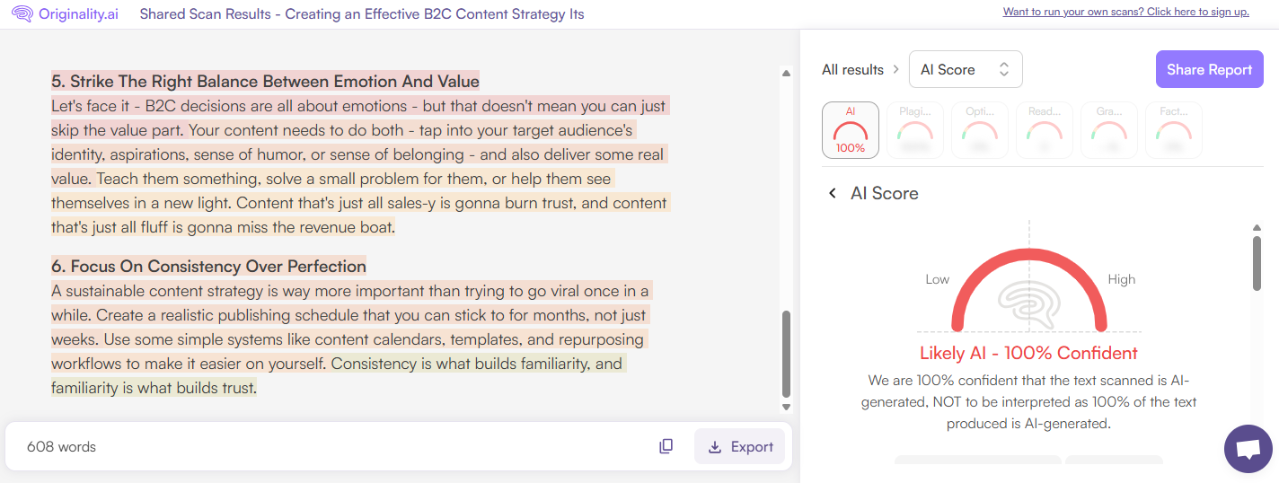 Originality.ai scores Surfer AI Humanized Text as 100% Likely AI