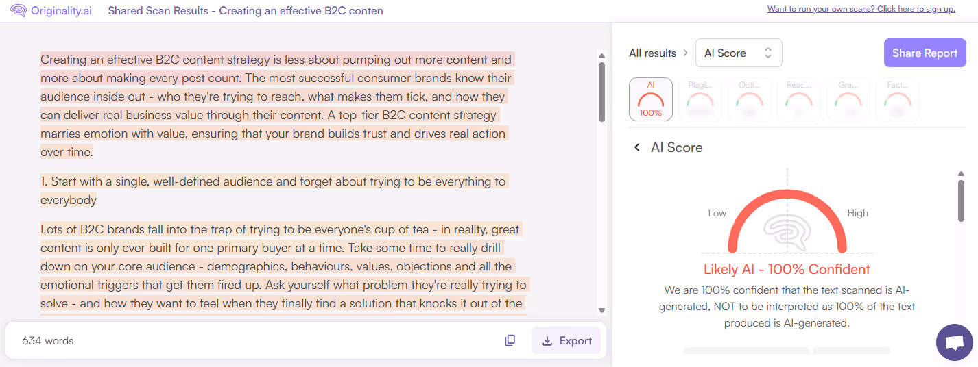 Originality.ai detects Surfer AI Humanized Text as 100% Likely AI