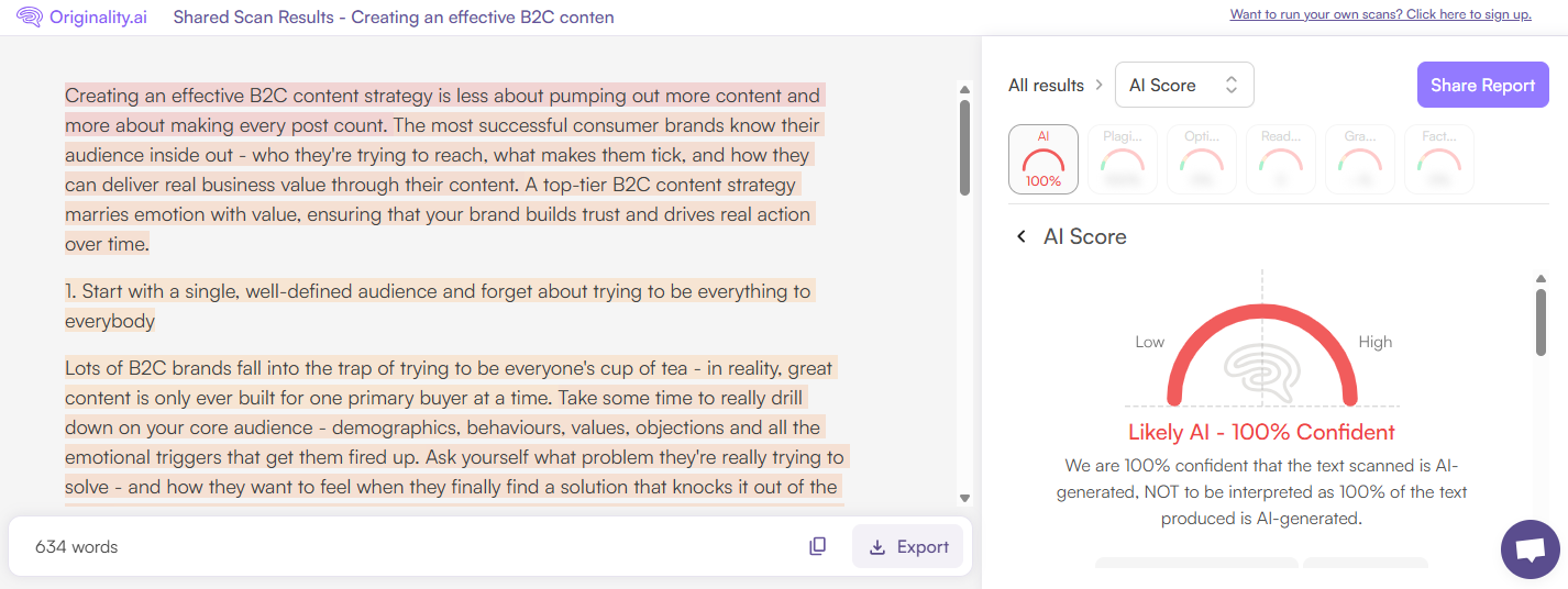 Originality.ai detects Surfer AI Humanized Text as 100% Likely AI