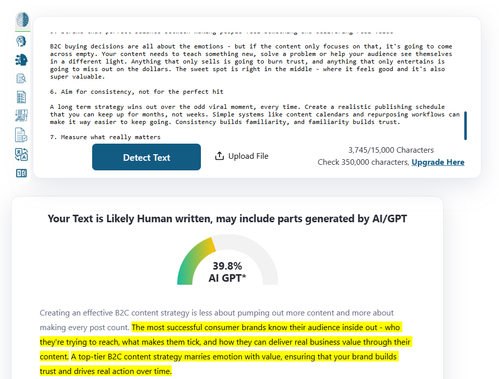 ZeroGPT scan of humanized text