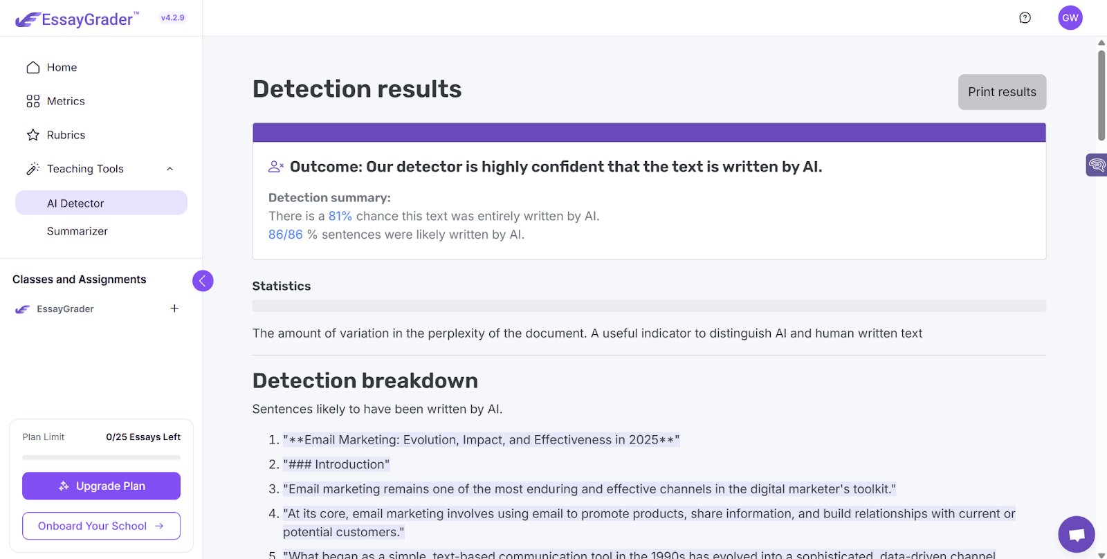 Essaygrader AI Detector Scan