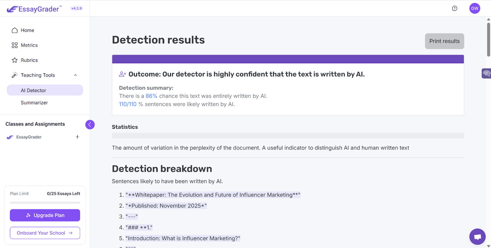 Essaygrader scan of an AI-generated Whitepaper on influencer marketing