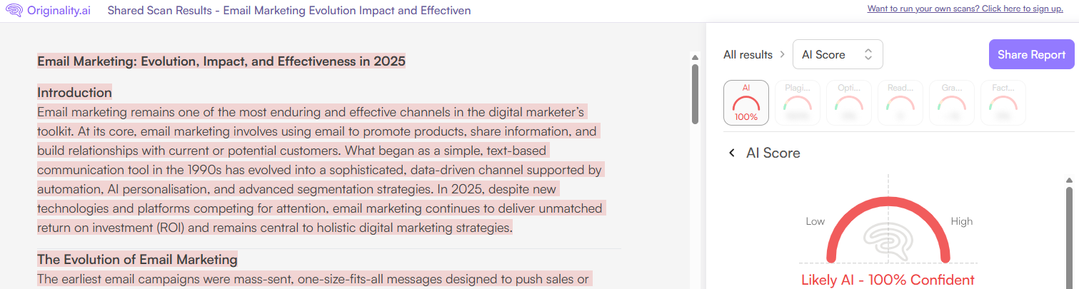 Originality.ai Scan of GPT-5 generated text
