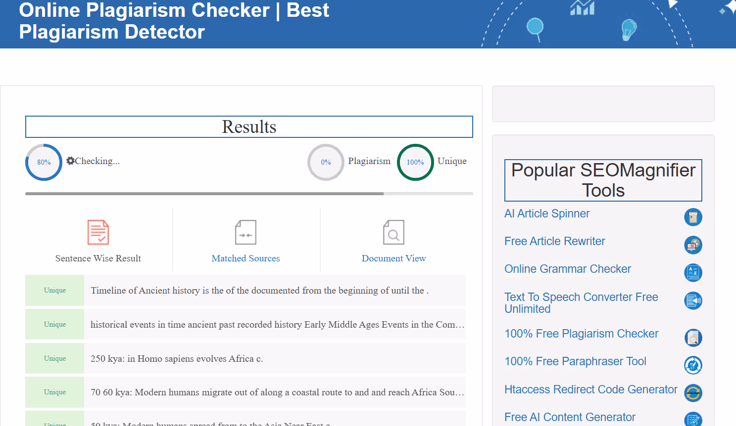 SEOMagnifier plagiarism checking scan