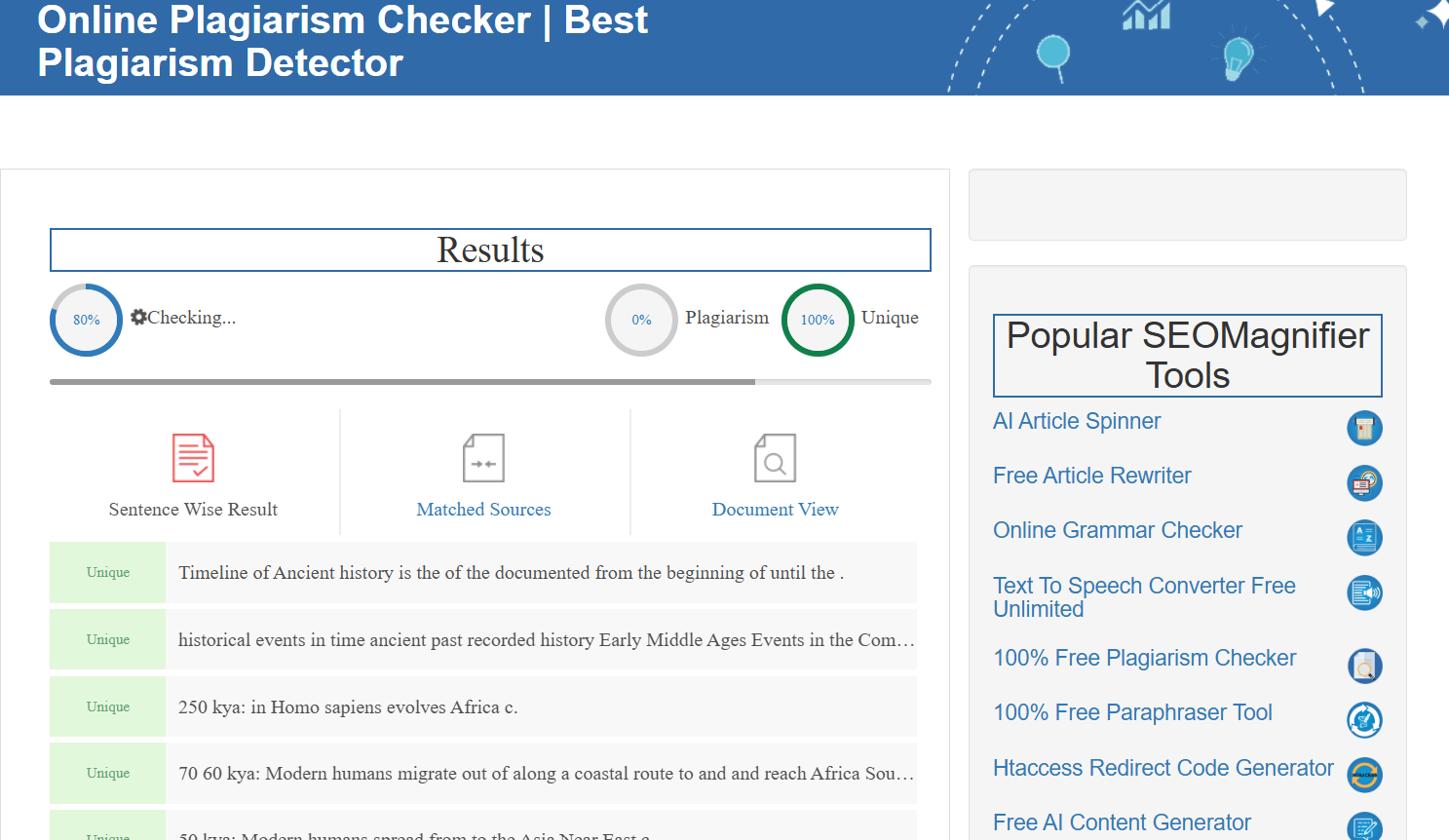 SEOMagnifier plagiarism checking scan