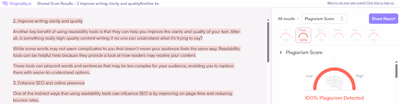 Originality.ai Plagiarism Check Scan