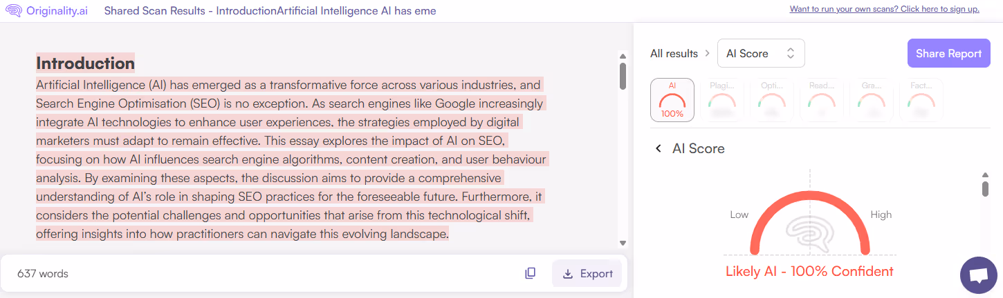 Essay Generated by Uniwriter, Scanned by Originality.ai