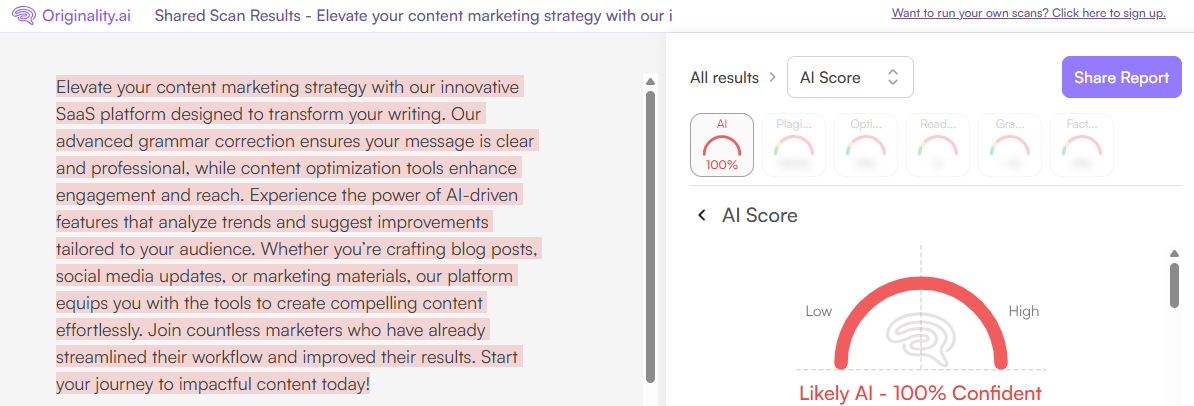 Originality.ai scan of Content Studio generated copy