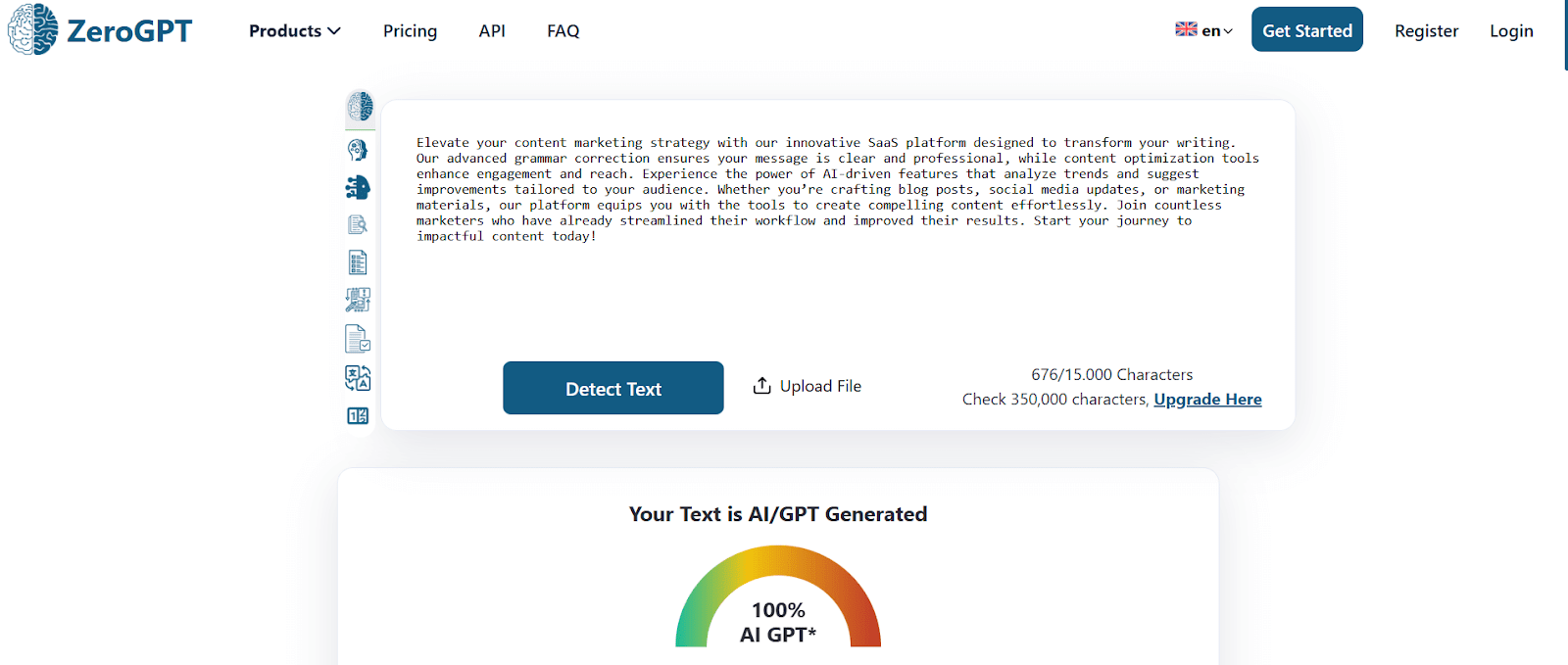 ZeroGPT scan of AI-generated content