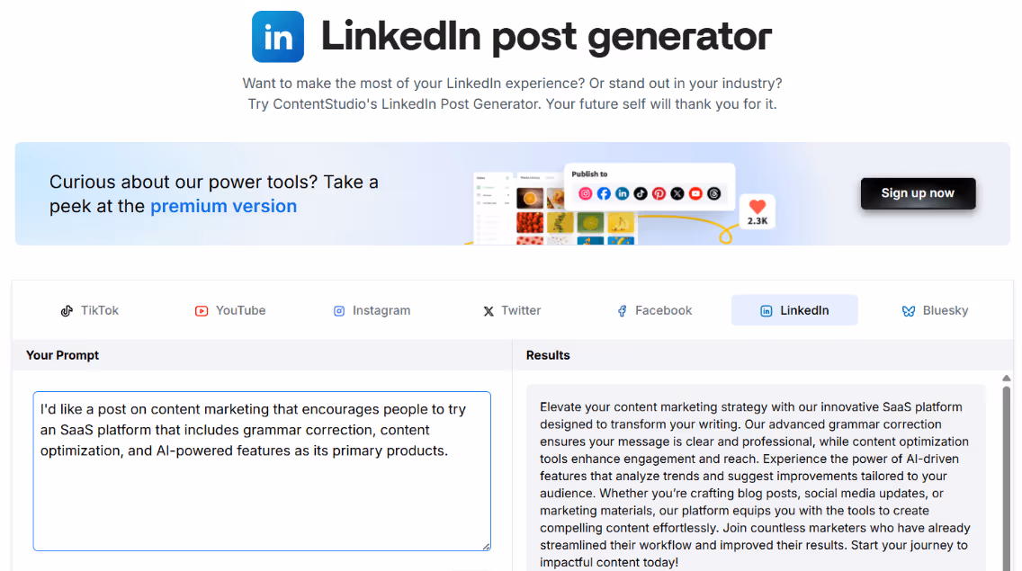 ContentStudio LinkedIn post generator results