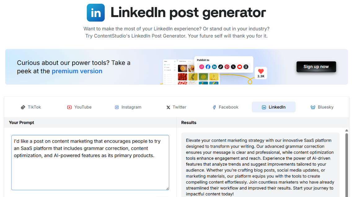 ContentStudio LinkedIn post generator results