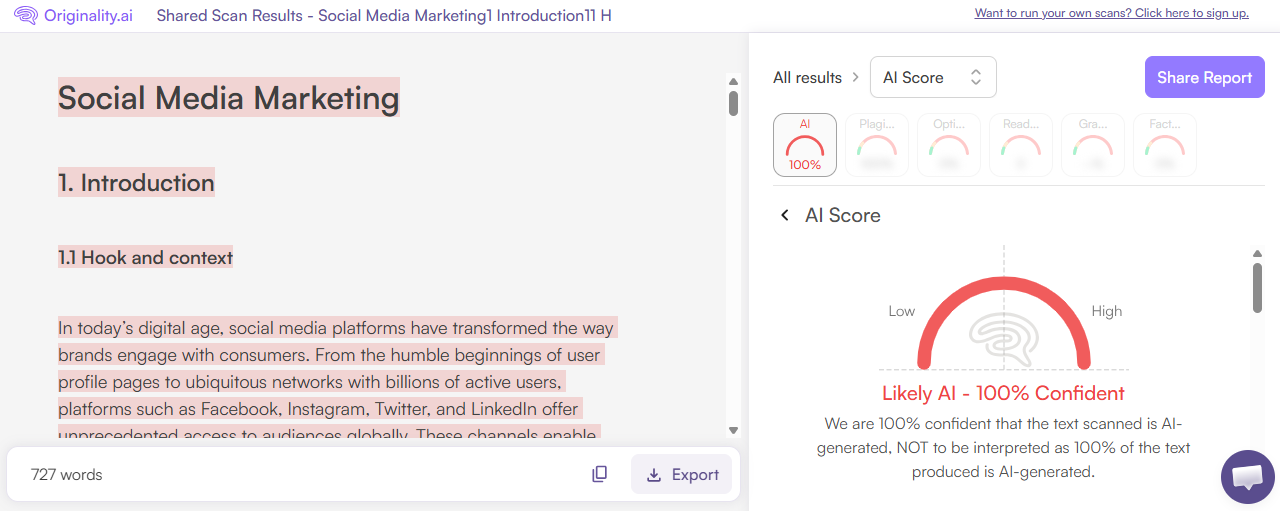 Originality.ai Scan of an AI Curvedo Generated Paper