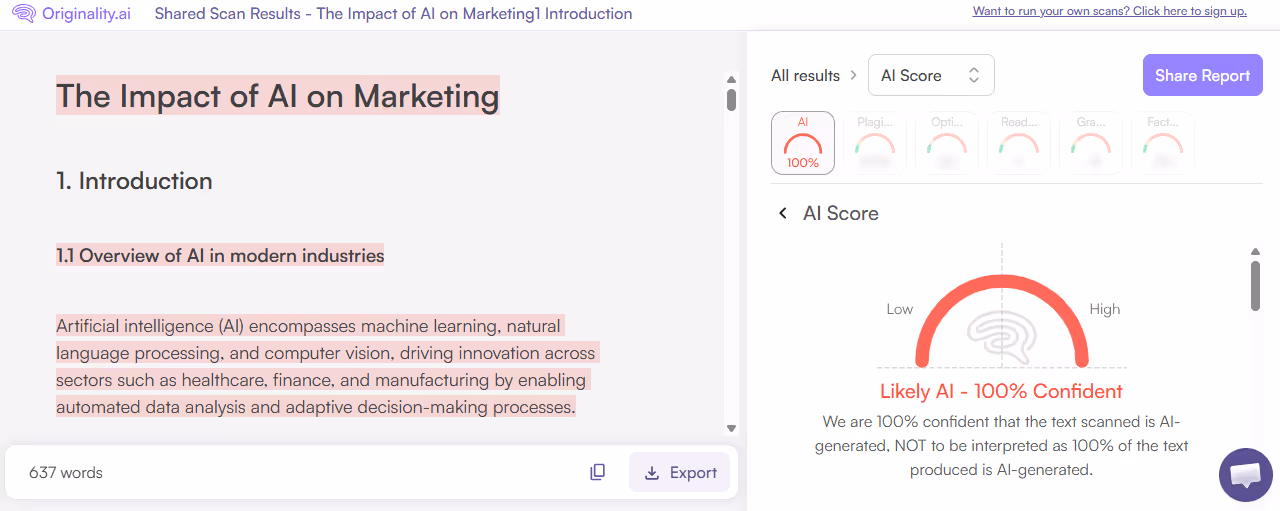 Originality.ai Scan of a Curvedo Generated Paper
